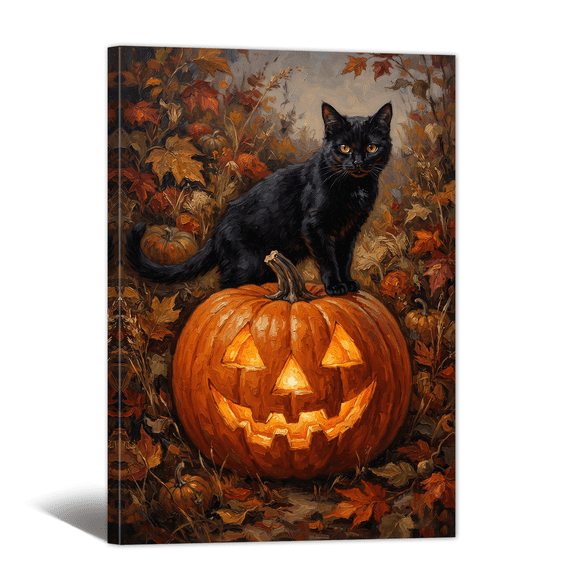 Halloween Canvas Wall Art Vintage Autumnal Black Cat Pumpkin Prints, Abstract Warm Spooky Artwork Paintings for Living Room Bedroom Entryway Farmhouse Home Decor