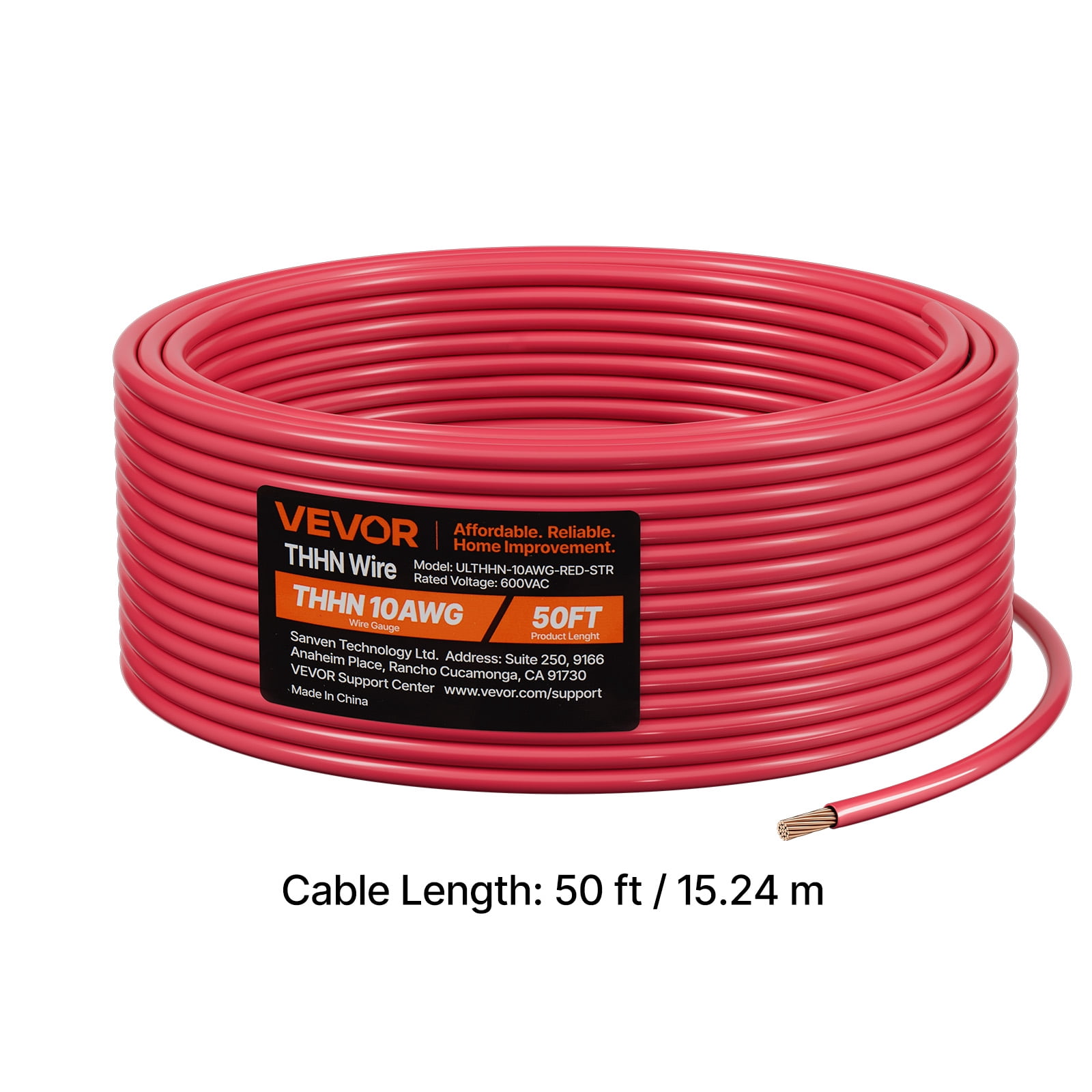 VEVOR 10 AWG THHN Wire, 19-Stranded, 100% OFC Copper Electrical Building Wire with Nylon Jacket, Rated for Up to 600 Volts, for Indoor & Outdoor Use, Commercial, Industrial, Residential, Red