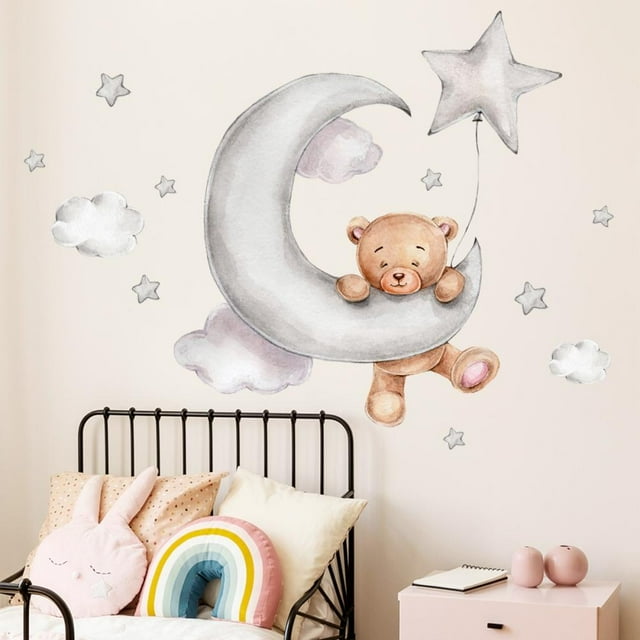 Kids Wall Stickers Wall Stickers Wall Decals Cartoon Wall Stickers Wall Decals Decorations 2Pcs Teddy Bear Sleeping On The Moon And Cartoon Kids Wall Stickers Baby Room Interior