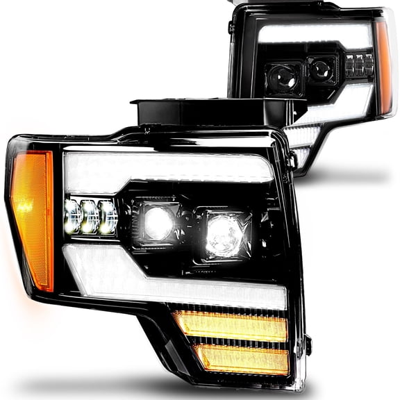 TRUE MODS Black Full LED Headlight Assembly Replacement for 2009-2014 Ford F150 Pickup Truck [DOT] White DRL & Amber Turn Signal Driver Passenger High Low Beam Projector Headlamp Bulb Housing