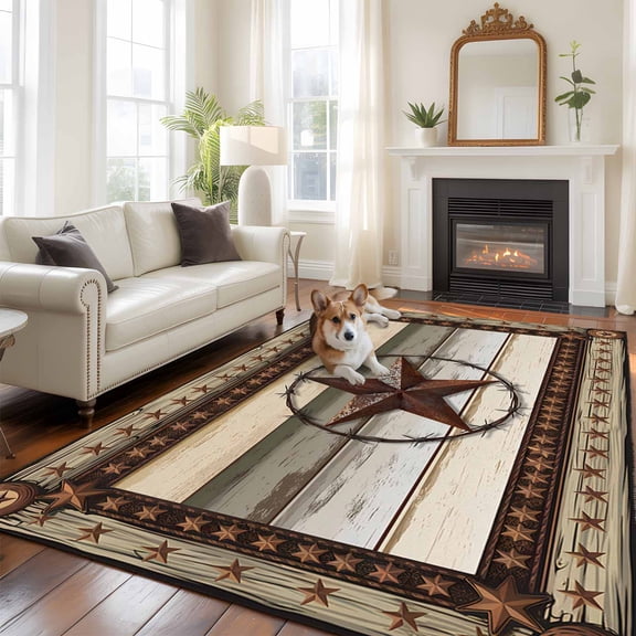 5'x8' Area Rugs, Texas Star Farm Indoor Outdoor Area Rug for Living Room Bedroom, Vintage Country Star Brown Wood Grain Washable Bathroom Rugs Kitchen Floor Carpet Mats Home Decor Aesthetic