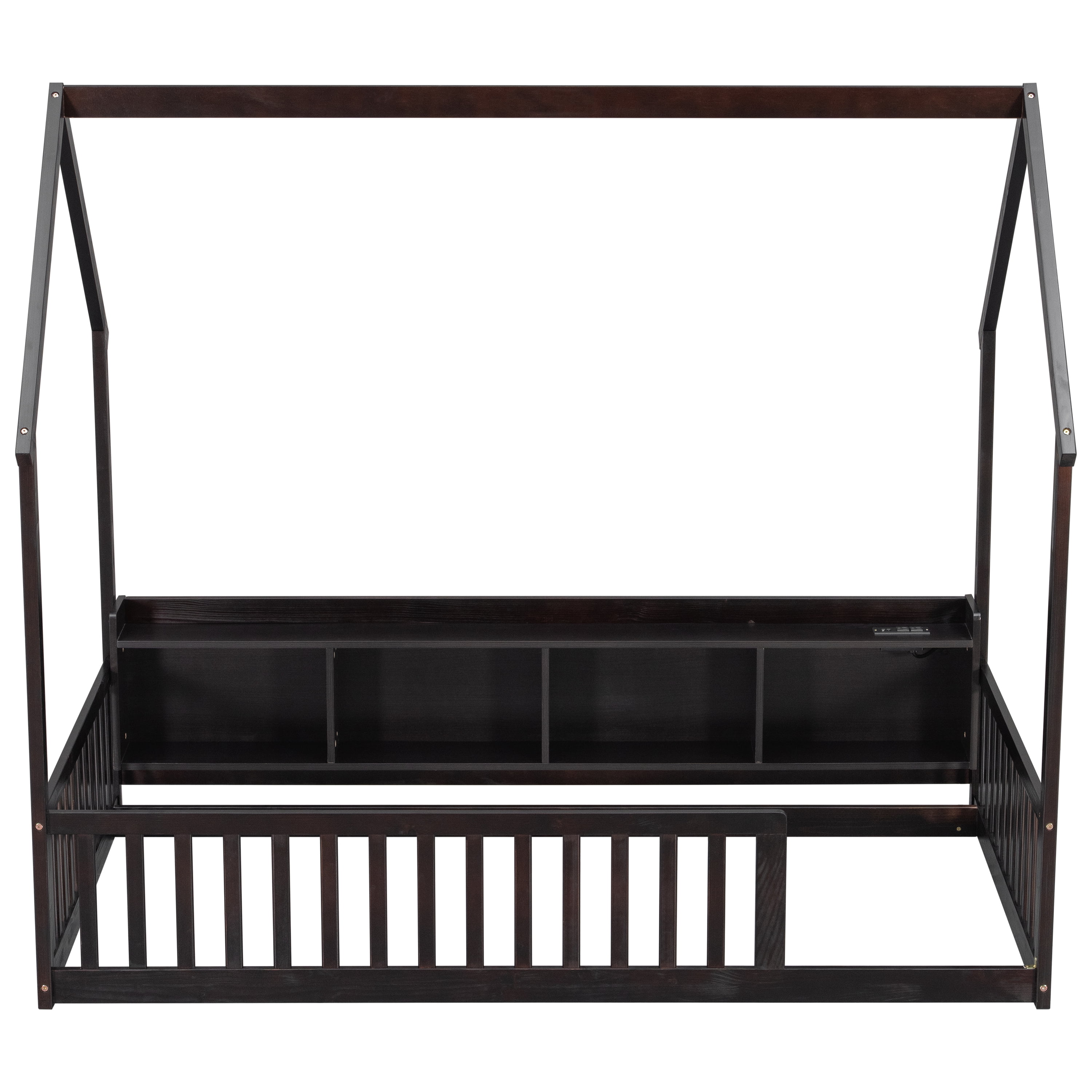 Floor Bed with House Design and Storage Shelves, Twin Pine Wood Platform Bed and Charging Station Bed Frame with LED Lights and Guardrails, Espresso