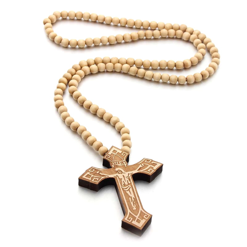 Brand New Jesus Beaded Yellow Gold Filled Cross Rosary Necklace Smooth Beads Catholic Jesus Cross Pendant