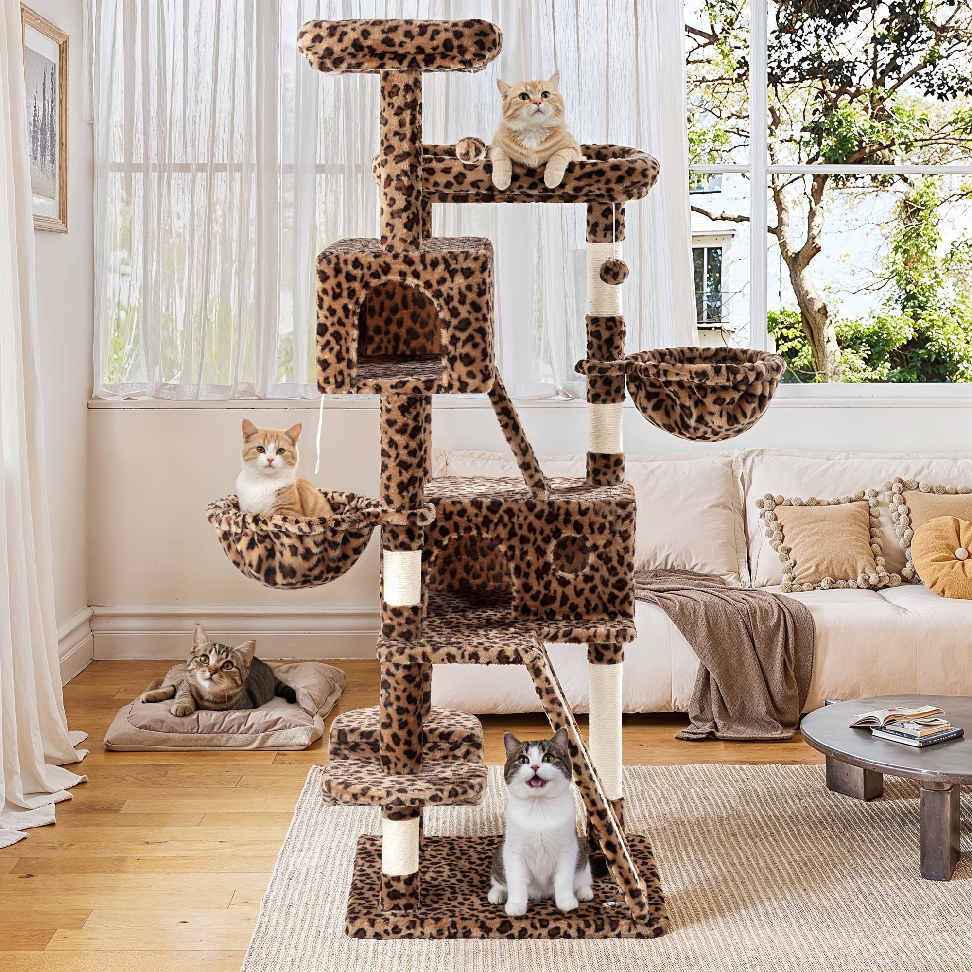 Einfach 65.7" Large Cat Tree and Tower for Cats, Condo House with Hammock, 2 Scratching Boards & 5 Scratching Posts, Leopard Print