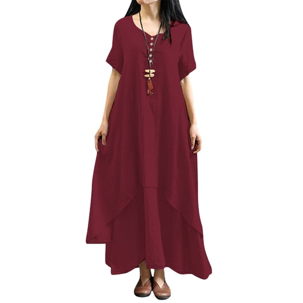 Nueva moda mujer vestido flojo ocasional del color sólido de manga corta boho summer maxi vesti Irfora Vestido