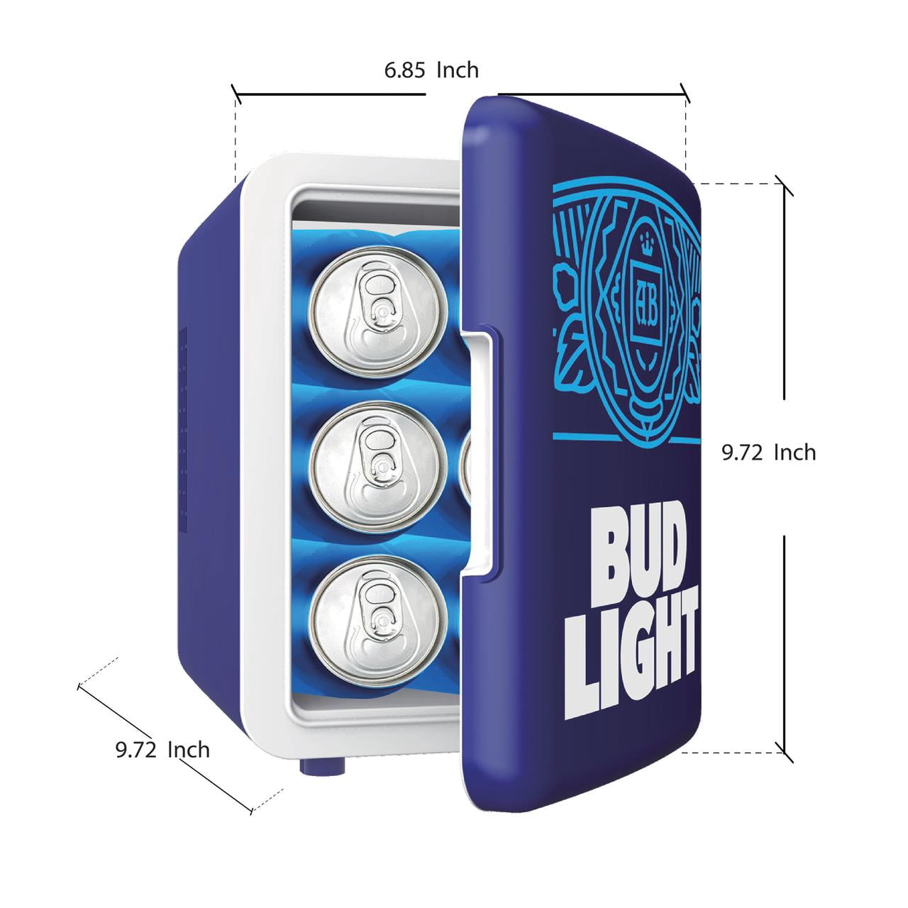 Bud Light 6 Can Mini Beverage Refrigerator, 4 Liter Personal Fridge with AC/DC Adapters, Blue MIS137BULT