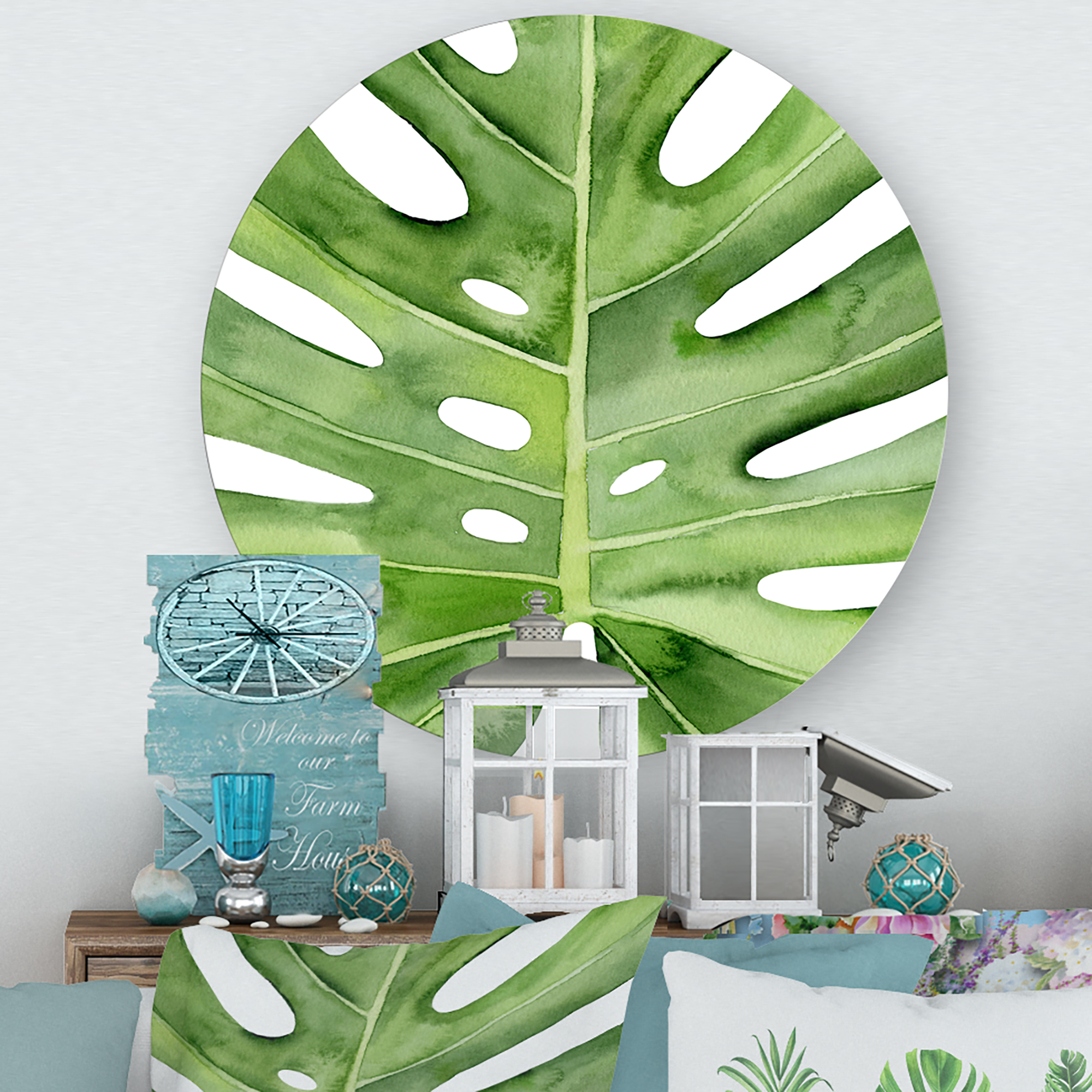 Designart 'Close Up Green Monstera Leaf Tropical Palm' Tropical Circle Metal Wall Art 11x11 - Disc of 11
