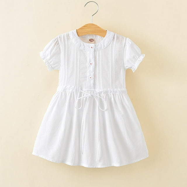 YUTK Robe de Fête pour Fille - Nouvelle Robe d'Été à Manches Courtes Blanche Robe de Princesse Super Élégante à Cordon de Serrage Taille Nouée Chemise Blanche Robe à Manches Courtes Col Rond Blanche