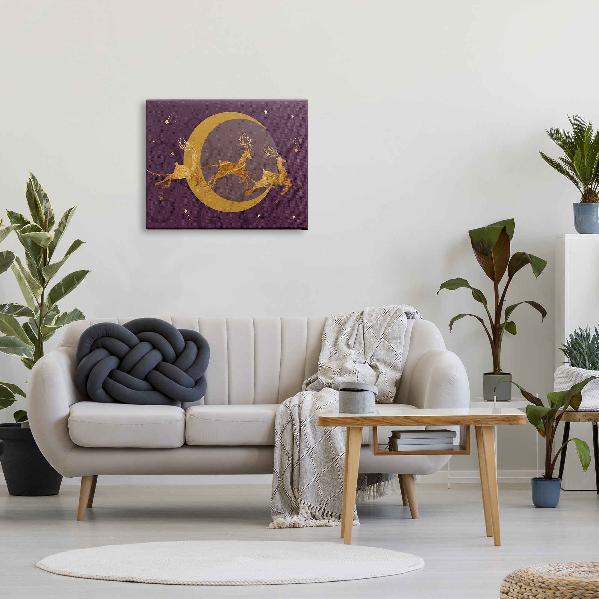 Stupell Industries Reindeers Flying over Crescent Moon Glam Christmas Sky Animals & Insects Painting Gallery Wrapped Canvas Print Wall Art, 24 x 30
