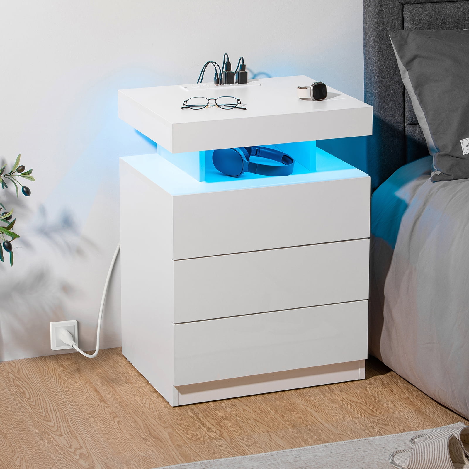 Hommpa LED Nightstand Wireless Charging Station USB Type C Outlets Bedside Table 3 Drawers White Night Table Modern Smart Nightstand High Gloss End Side Table for Bedroom Furniture 26.8" Tall