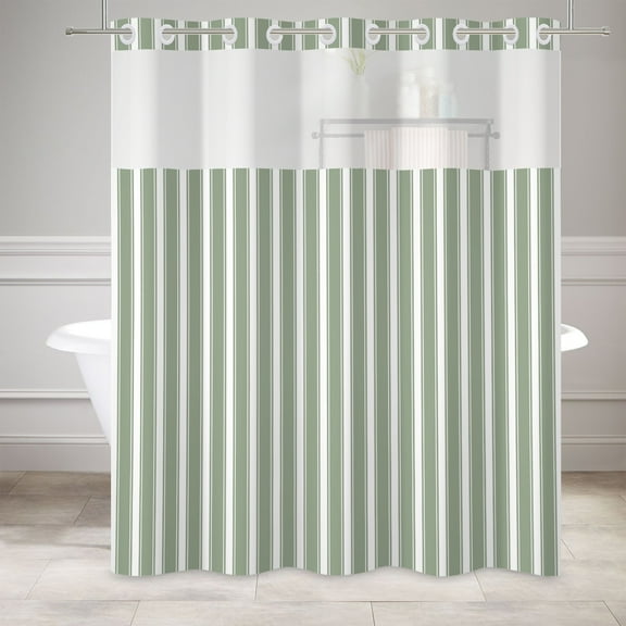 MIZHONA Green and White Striped Shower Curtain with Snap in Liner,No Hooks Shower Curtain,71"× 74"