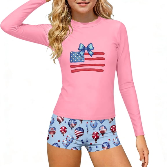 Babcutegg Girls'Independence Day Beach Set – Long Sleeve Printed Top & Matching Shorts Swimsuit Ensemble for Summer Vacation, Surfing, and Seaside Leisure Multicolor Size 3T