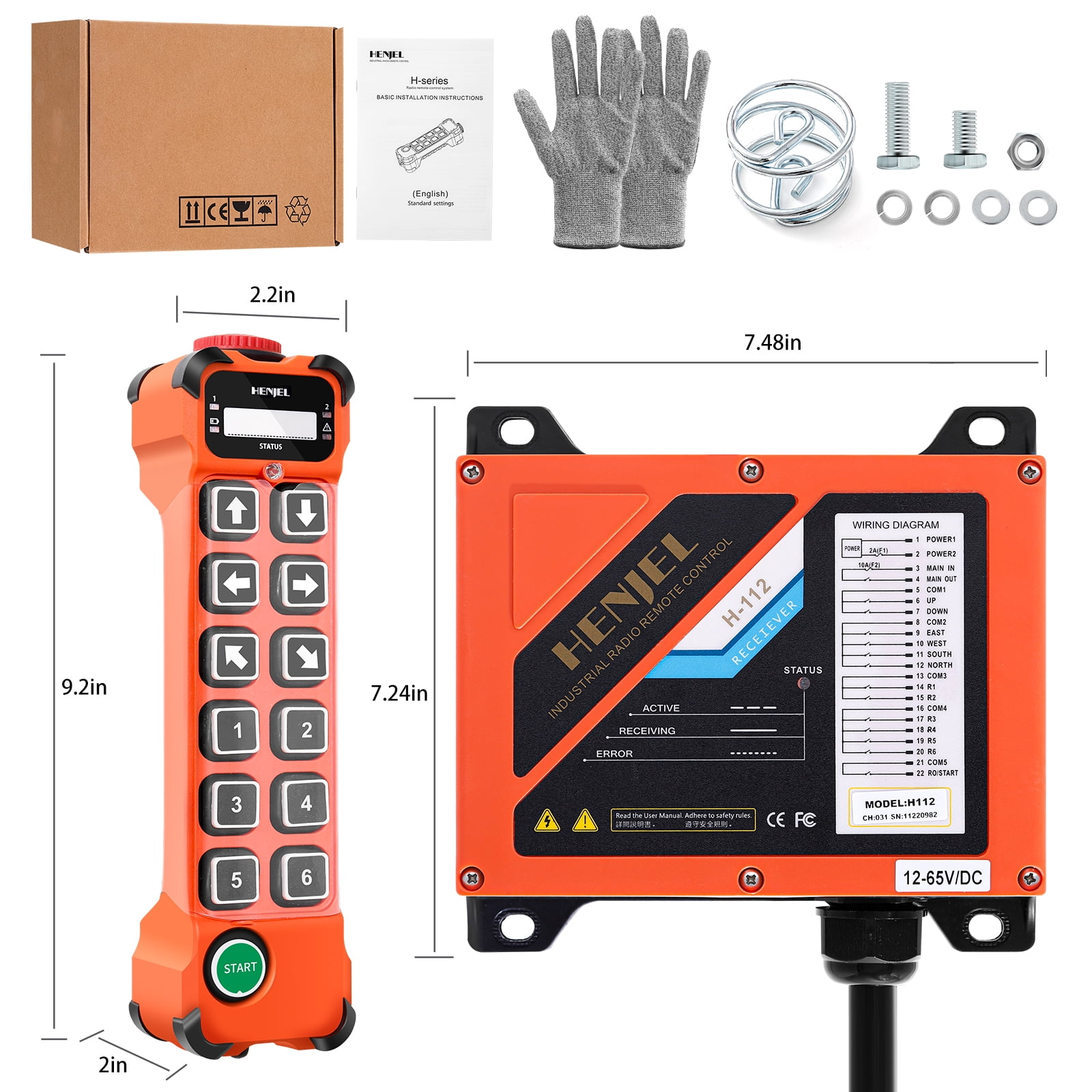 12 Channel Industrial Wireless Crane Radio Remote Control 12-65V 12V 24V DC for Electric Chain Hoist Overhead Bridge Travelling Crane Truck Two Transmitter and One Receiver
