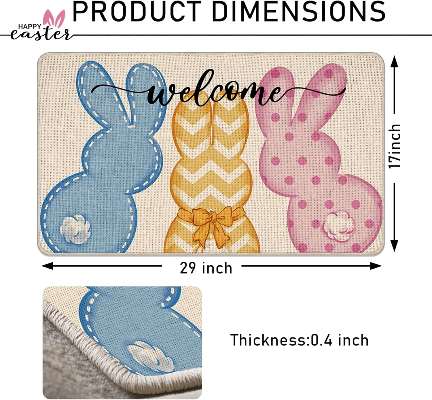 Welcome Easter Peeps Bunny Decorative Front Door Mat, Cute Rabbit Doormat Indoor Outdoor Non-Slip Floor Entryway Rug, Spring Home Kitchen Decoration 17x30 Inch