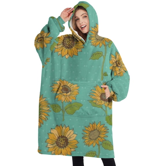 Oversized Wearable Blanket Hoodie,Blue Sunflower Polka Dot Pattern Sherpa Blanket Hoodie with Super Pockets,Super Warm Fuzzy Pullover for Women & Men