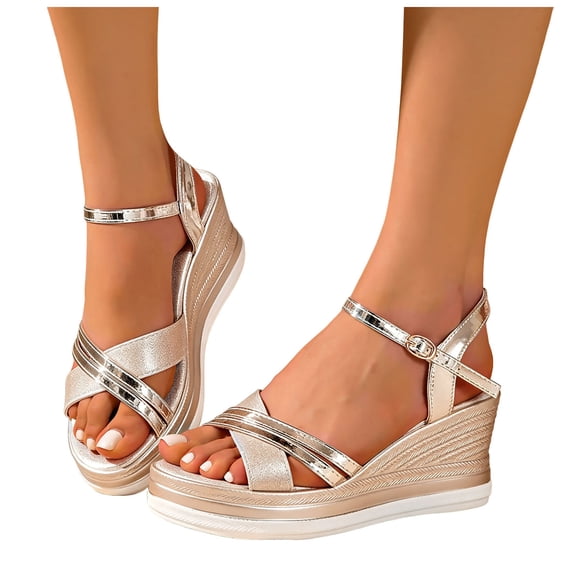 Rokment Women's Glitter Sequin Metallic Dressy Sandals Delicate Elegant Cross-Band Open Toe Platform Wedge Summer Shoes for Bride Wedding Gold Size 6