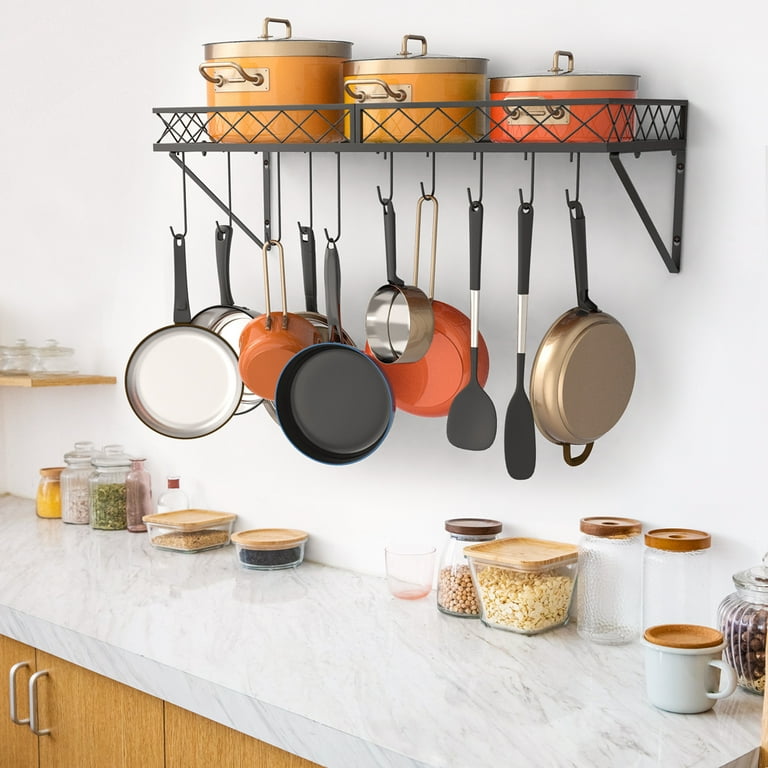 Auledio Hanging Pot Rack, Wall Mounted Pot and Pan Organizer Multipurpose Pots  Holder Kitchen Storage Shelf with 10 Hooks, Ideal for Pans Set, Utensils,  Cookware, Books, Household, Black 