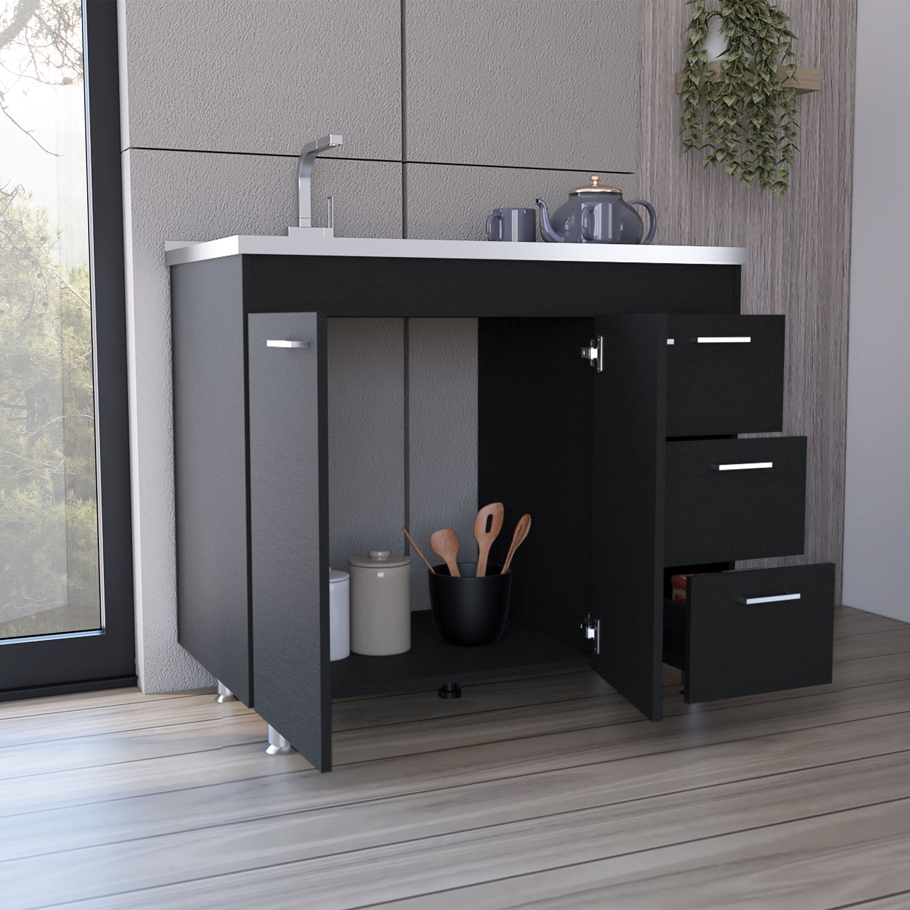 Izzovium Ferretti Utility Sink with Three Drawers and Double Door Cabinet, 39.4in L x 20.4in W x 30.8in H, Black, Particle Board Construction for Laundry or Kitchen