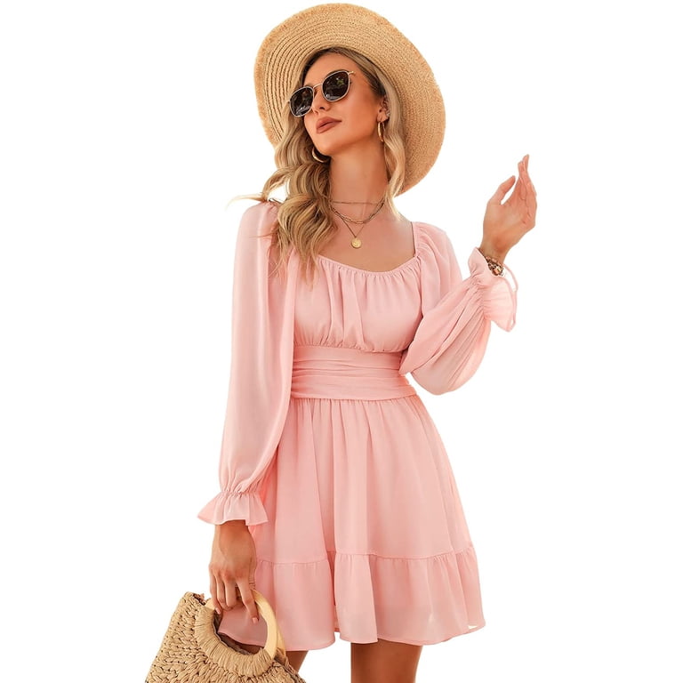 chinese dress ladies EXLURA Womens Square Neck Dress Long Puff Sleeve A-Line Casual Short M –  Exlura main image 0