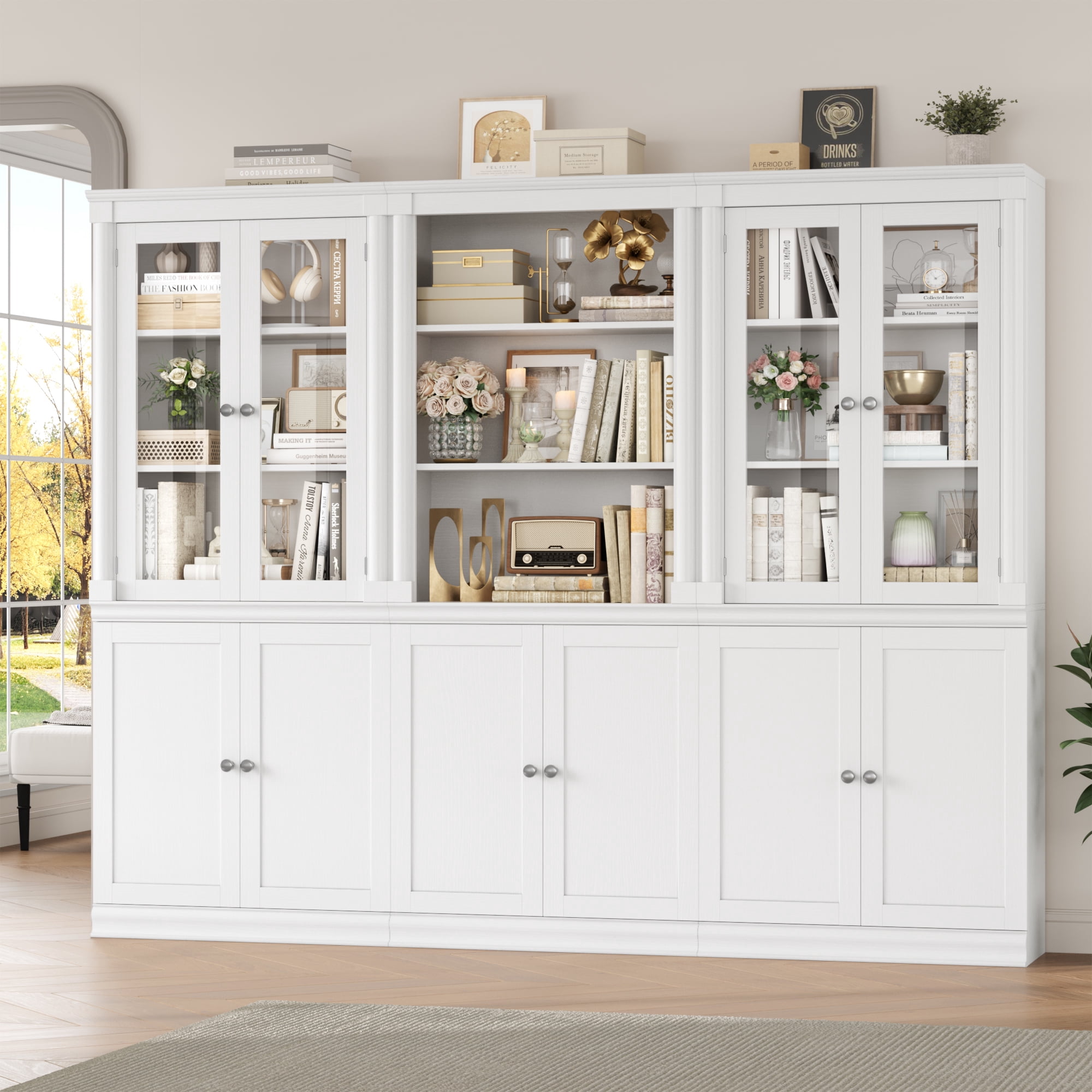 Homfa 71"H Bookcase with Glass Doors, 5 Tier Storage Bookshelf with Adjustable Shelf for Study Home Office, White