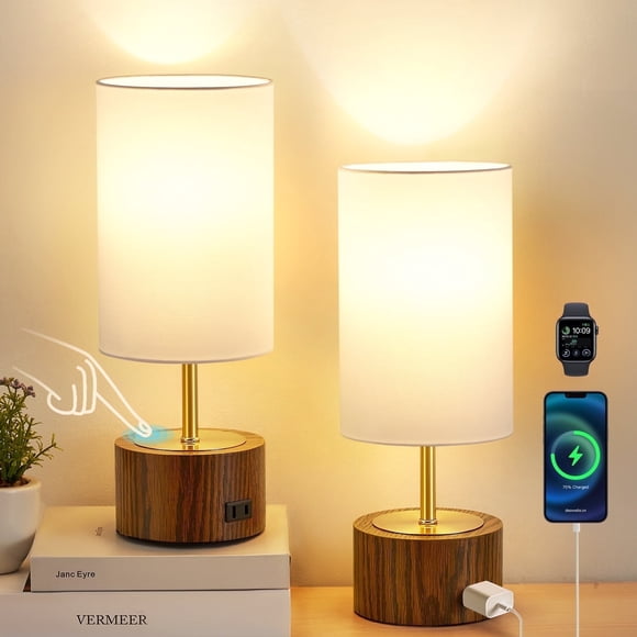 NATYSWAN Bedside Table Lamps Set of 2,Touch Control Nightstand Lamp with USB Ports,Minimalist Modern Desk Lamps with Fabric Shade for Bedroom Living Room