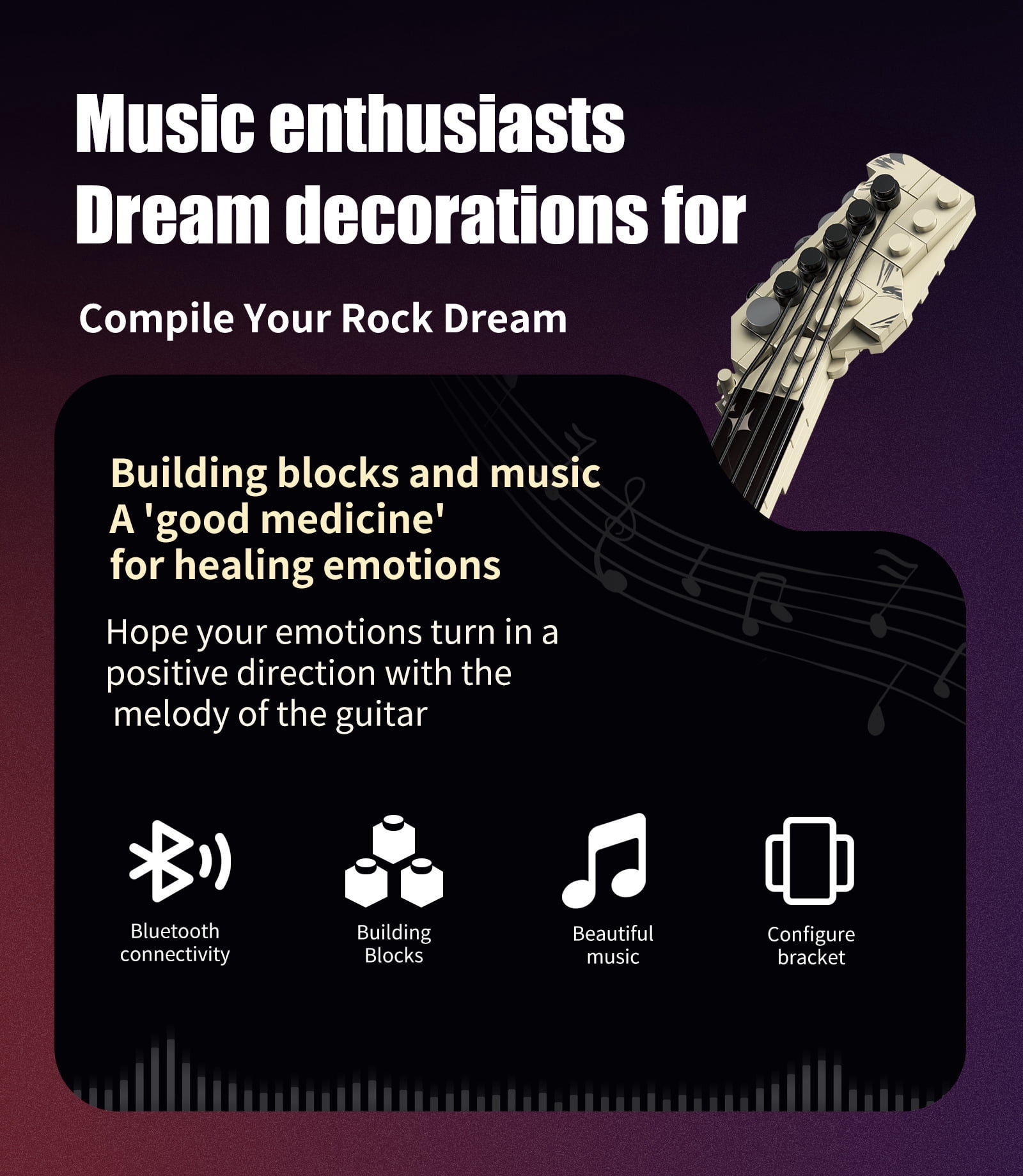 500+PCS Building Blocks Guitar Bluetooth Speaker, Assembleable Music Decor with Stand, Compatible Major Bricks, Gift for Music Lovers Christmas Birthday Valentine's Day