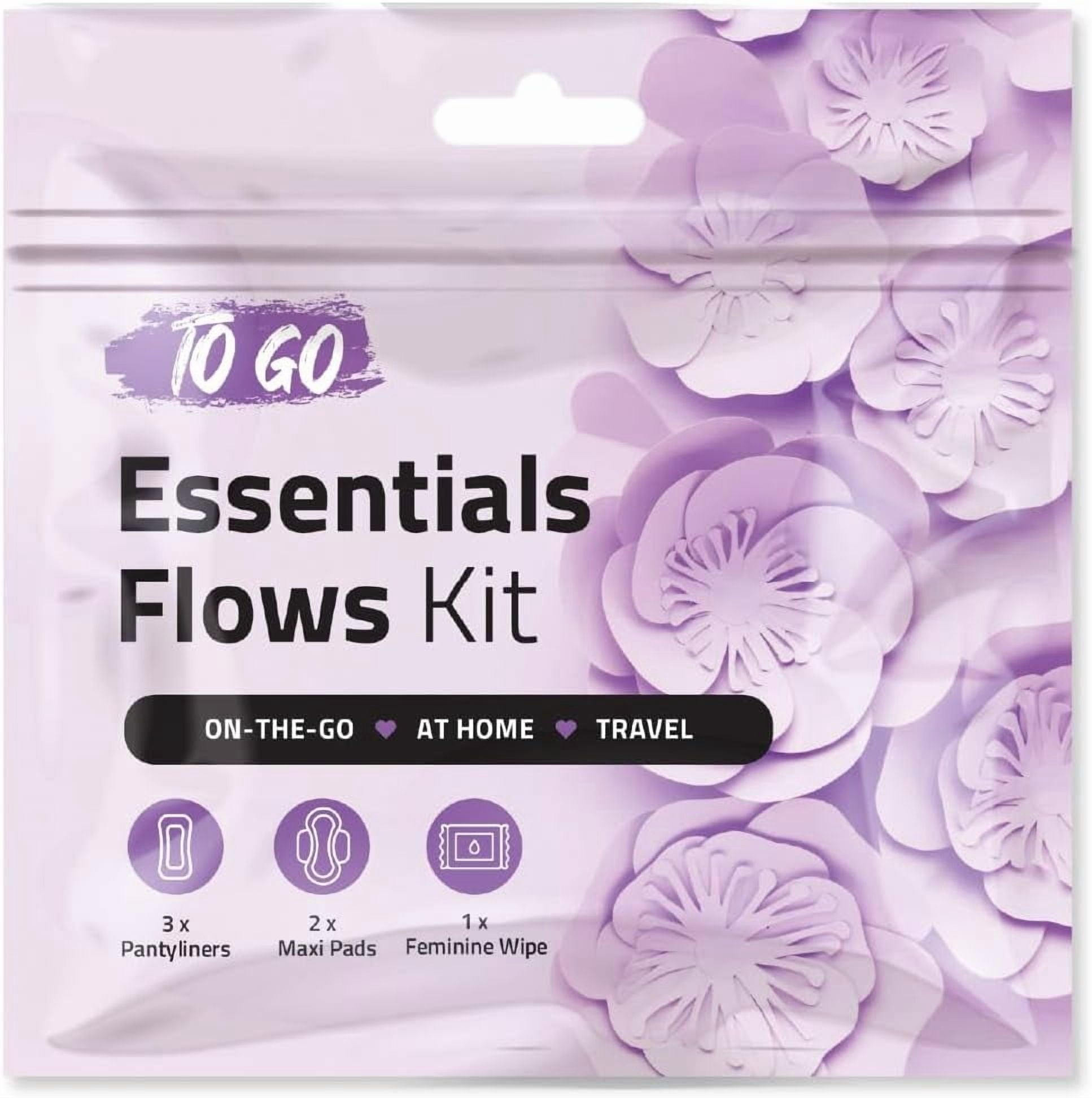 Essential Flows Kit with 3 Pantiliners, 2 Maxi Pads & 1 Feminine Wipe – Light Daily Period Care for Women & Girls – Travel Hygiene Pack (Purple) (10)