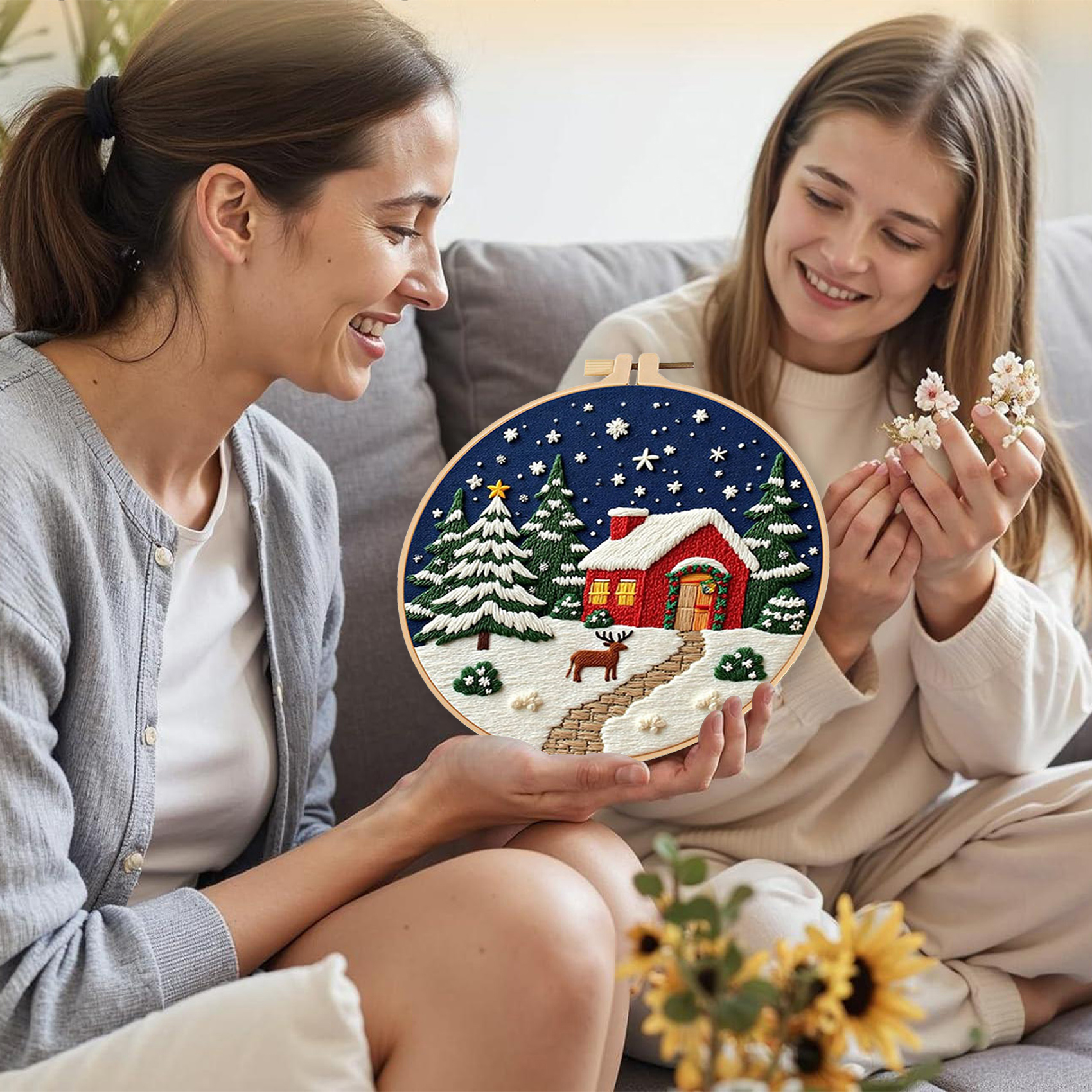 HVEST 4 Pack Christmas Embroidery Kit for Beginners - Santa Claus with Embroidery Pattern, Hoop, Complete Cross Stitch Supplies (Needle/Threads/Scissors) DIY Craft for Adults Sewing Hobby