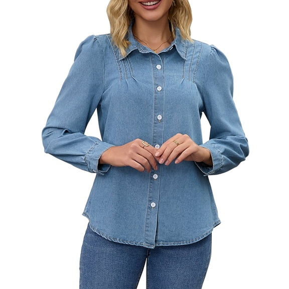 DARING DIVA Women's Denim Pleated Front Puff Long Sleeve Button Down Shirts S Blue