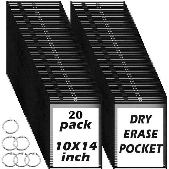 20 Packs Dry-Erase Pockets Bulk Oversized Reusable Dry Erase Pocket Sleeves with 4 Rings, 10x14 Black Ticket Holders, Clear Plastic Sheet Protectors, Teacher School Classroom Supplies