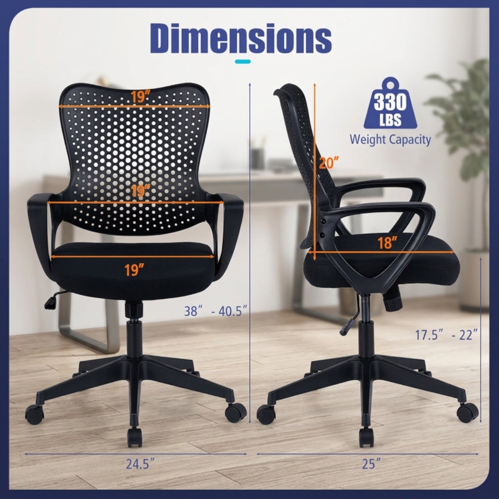 Furnibear Ergonomic Office Chair Height Adjustable Computer Desk Chair with Breathable Butterfly Back and Swivel Base, Black