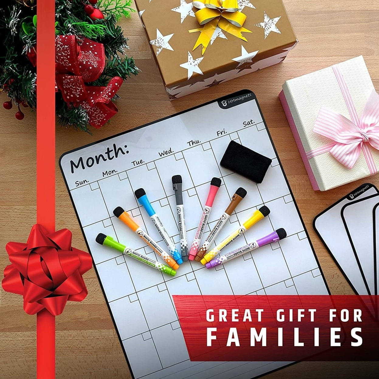 Large Dry-Erase Magnetic Monthly Calendar + Free Bonus: 3 Grocery/to-Do List Whiteboards (Organizer/Planner) for Kitchen Fridge - Full Set: 8 Markers + Eraser | Stain Free | Vertical