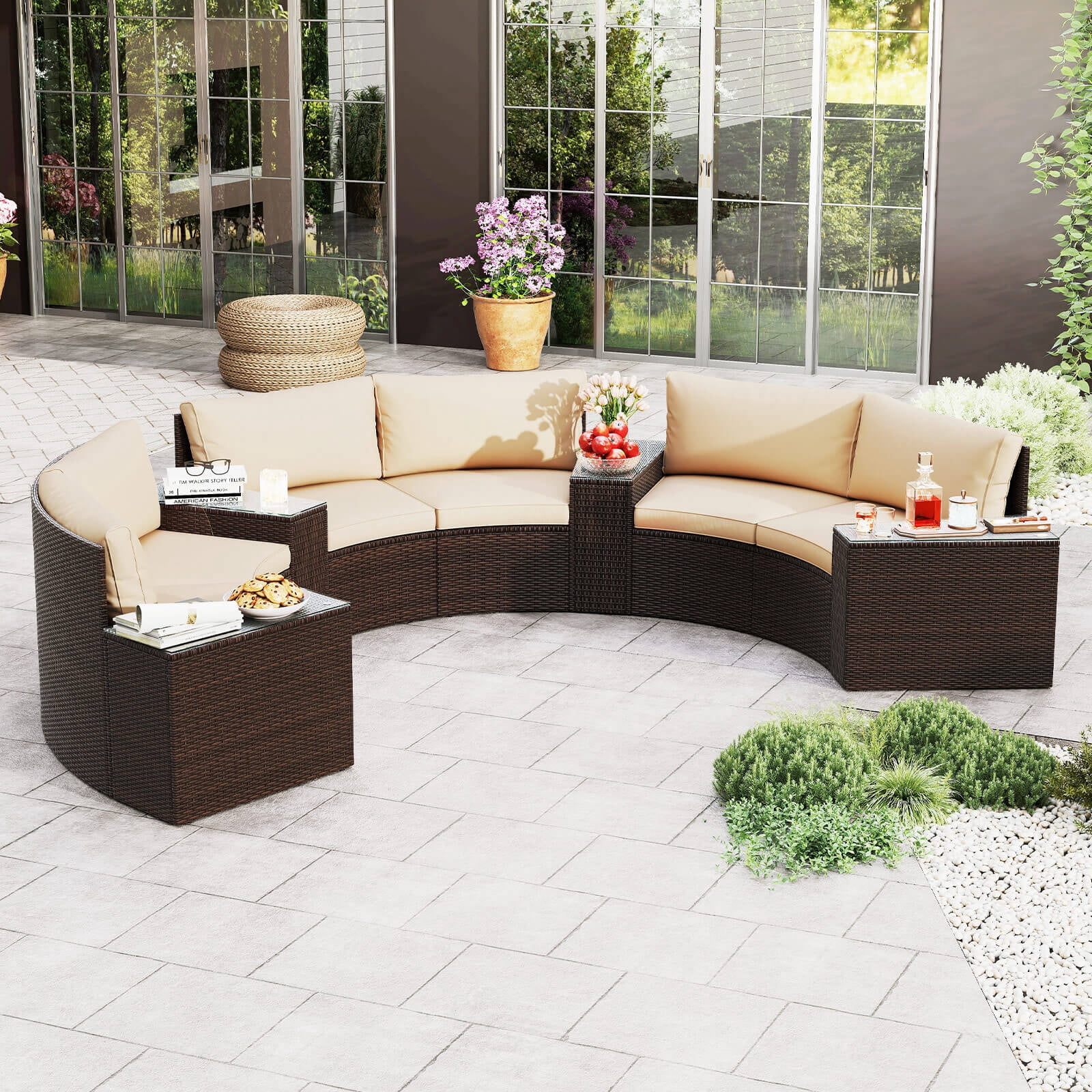 Costway 7 PCS Patio Furniture Set with Tempered Glass Top Side Tables Back & Seat Cushions