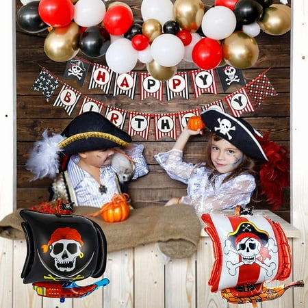 GEEKEO Pirate Balloons Arch Kit, Pirate Birthday Party Decorations with Pirate Tattoo Flags Pirate Ship Skull Balloons, Pirate Cake Topper for Pirates Theme Oriented Boy Birthday Party