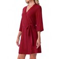 thumbnail image 3 of Women's Waffle Knit Robe 3/4 Sleeve V Neck Knee Length Wrap with Adjustable Waist Belt Wine Red 2XL, 3 of 4