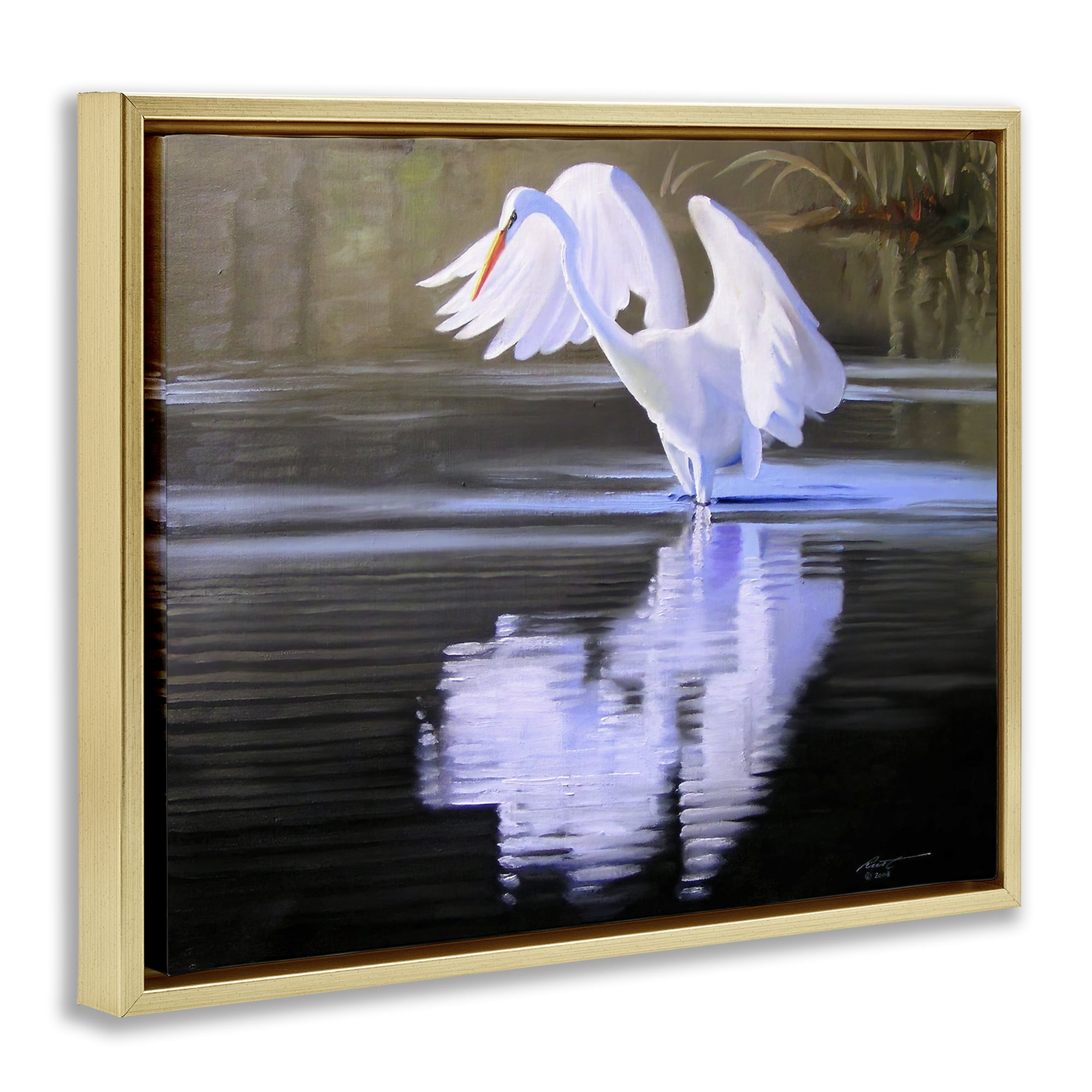 Stupell Industries Egret with Water Ripples Animals & Insects Painting Gold Floater Framed Canvas Art Print Wall Art, 21 x 17