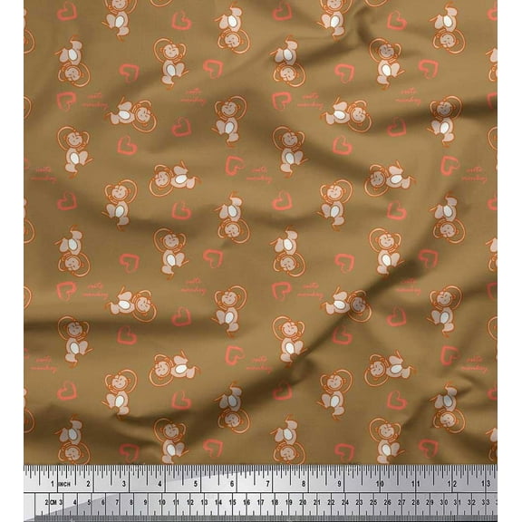 Soimoi Brown Cotton Duck Fabric Heart & Cute Monkey Kids Fabric Prints By Yard 42 Inch Wide