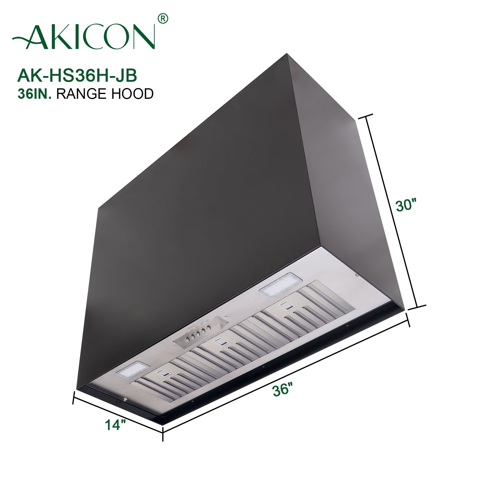 Akicon Stainless Steel Range Hood, Modern Box Ducted Kitchen Hood with Powerful Vent Motor, Wall Mount, 36"W*30"H*14"D, Jet Black