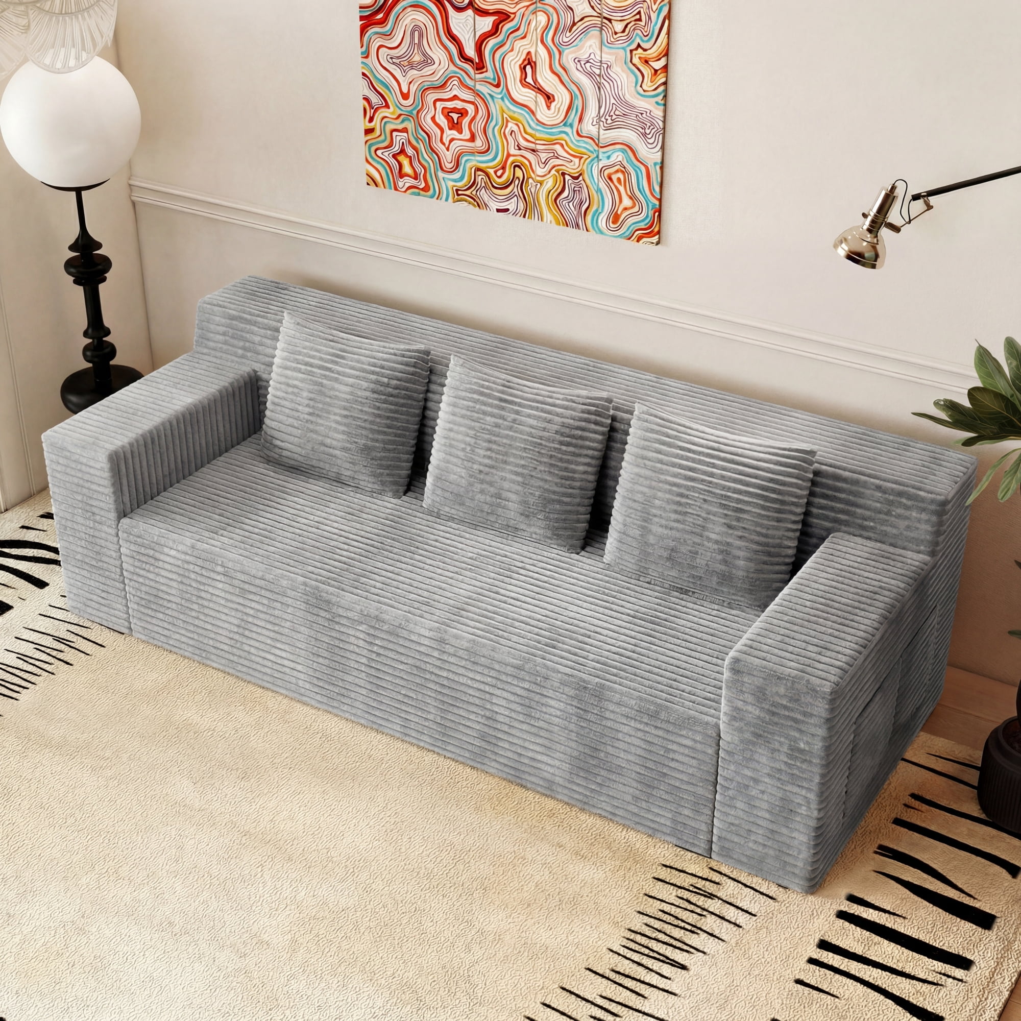 HOQBN 71" Futon Sofa Bed,Boneless Couch for Living Room,Soft Corduroy Fabric 3 Seater Sofa with Deep Seat,Comfy Loveseat Sofa,No Assembly,Light Gray