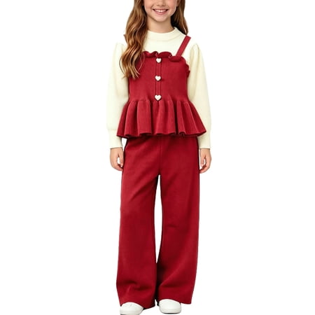 Mifsaly Little Girls 2 Piece Outfits Peplum Suspender Tops and Wide Leg Pants Kids Toddler Soft Fall Winter Warm Clothing Cute Casual Playwear for School Everyday