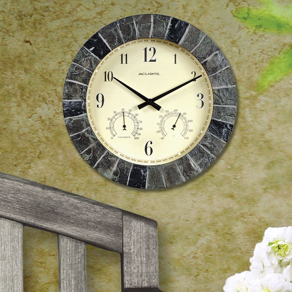 02418 14 Inch Faux Slate Indoor Outdoor Wall Clock With Thermometer 02418 14 Inch Faux Slate Indoor Outdoor Wall Clock With Thermometer Hygrometer 14inch Fauxslate By Acurite