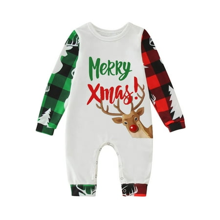 

Nomeni Christmas Toddler Letter Plaid Print Romper Jumpsuit Family Clothes