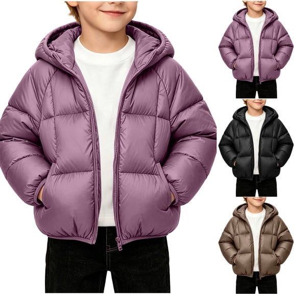 Agkizg Kids Boys Hooded Puffer Coat Lightweight Thick Zip Up Winter Jacket with Pockets Solid Color Warm Windproof Outerwear