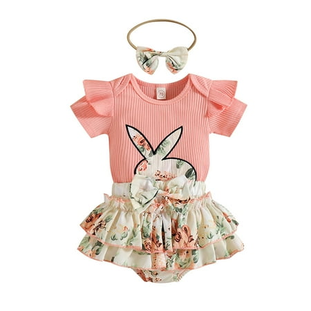 

Amuver Baby Girls Easter Three-piece Layette Rabbit and Floral Print Romper Pantskirt and Headband Lake Blue/ Pink