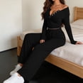 thumbnail image 6 of Bzdzmqm Women's 2 Piece Outfits V Neck Long Sleeve Crop Top and Wide Leg Pants Set Casual Lounge Matching Tracksuit Solid Basic Fall Travel Vacation Daily Wear Comfy, Black XL, 6 of 6