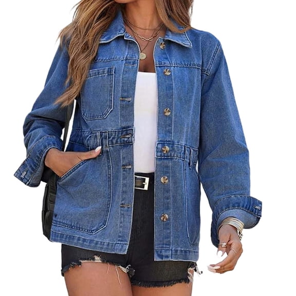 Women's turn Down Collar Solid Color Casual Denim Jacket with Open Front Daily Wear