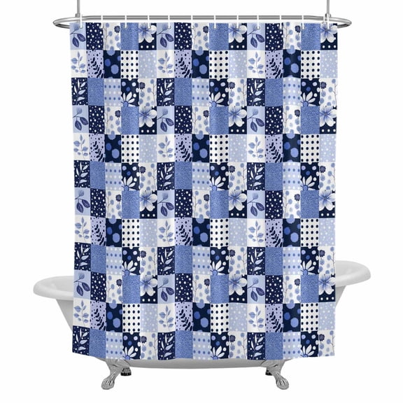 Blue Patchwork Shower Curtain for Bathroom, Purple Flower Wave Point Blue Leaf Waterproof Cloth Fabric Bathroom Accessories Set with 12 Rust Proof Plastic Hooks, 60"x72"
