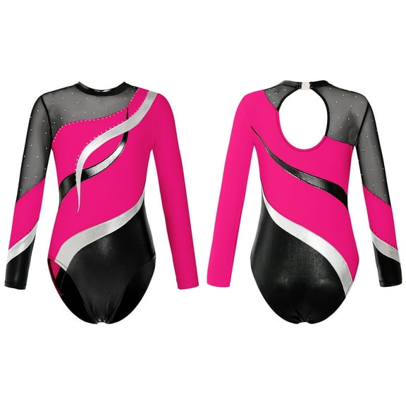 inhzoy Kids Girls Long Sleeve Ballet Gymnastic Dance Leotard Mesh Splice Figure Skating Costumes Jumpsuit Hot Pink 14