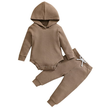 

Frobukio Newborn Baby Boys Girls Jumpsuit Outfit Hooded Romper Tops Trousers Pants Clothes Sets Coffee 3-6 Months