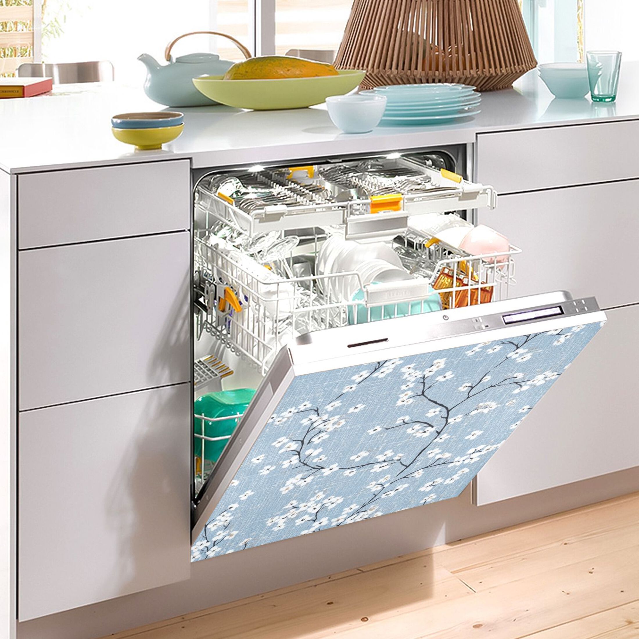 Dishwasher Magnetic Sticker 23x26 Inch Refrigerator Magnetic Sticker Washing Machine Magnetic Sticker Kitchen Panel Magnetic Sticker Home Decor Pretty Blue Cloth Flowers